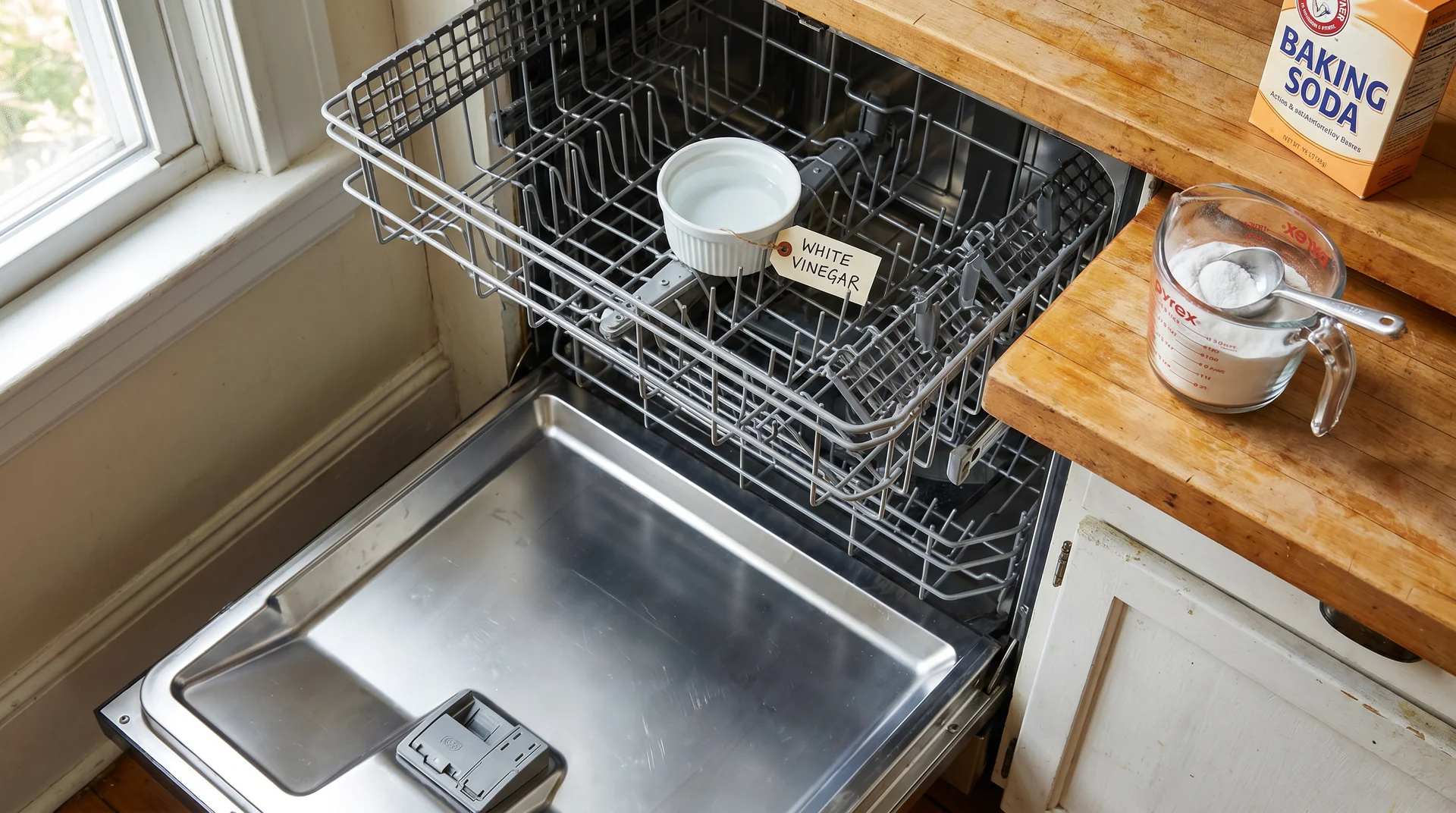 White vinegar in a bowl on dishwasher top rack with baking soda ready for the follow-up cycle