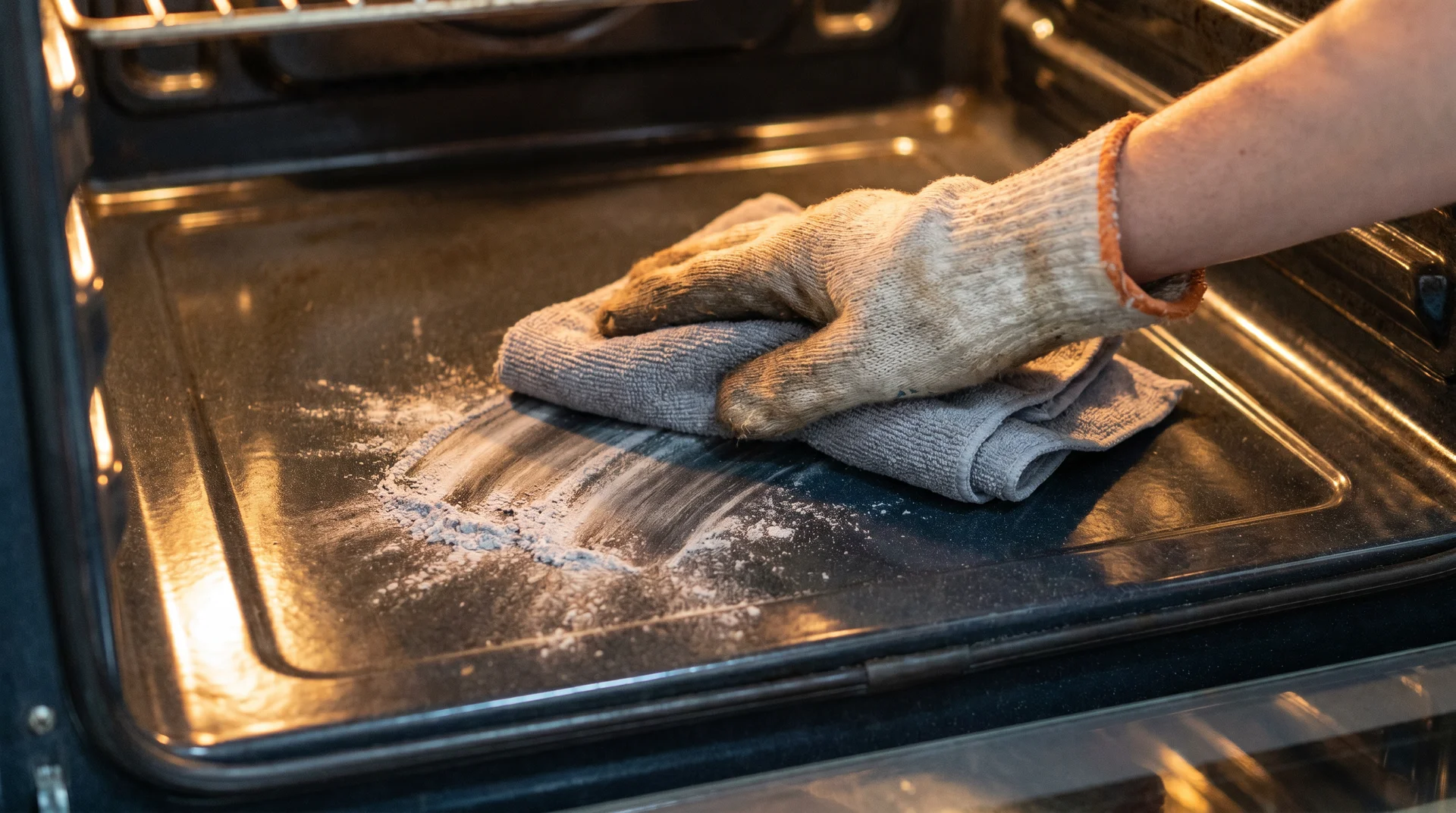 Wiping ash residue from oven floor after self-cleaning cycle with damp cloth