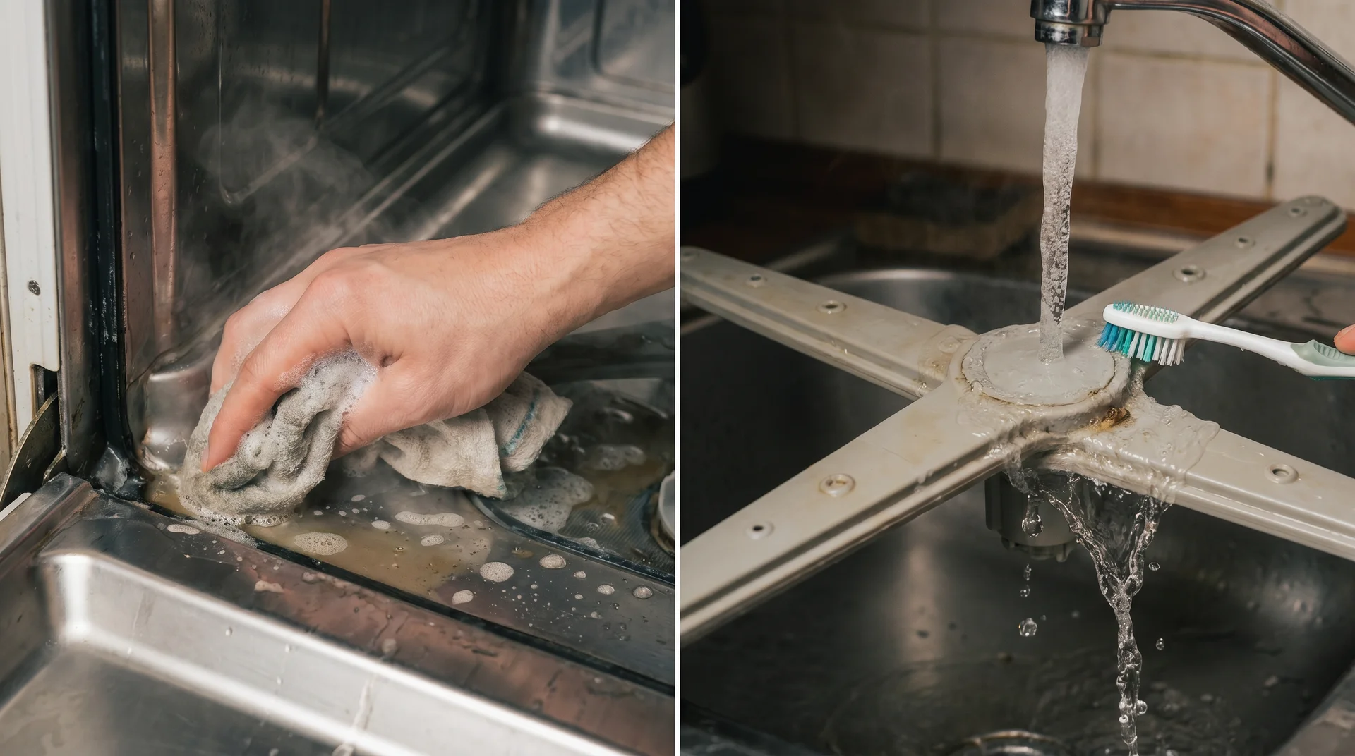Wiping dishwasher interior corner with soapy cloth beside a spray arm being cleaned with a toothbrush 