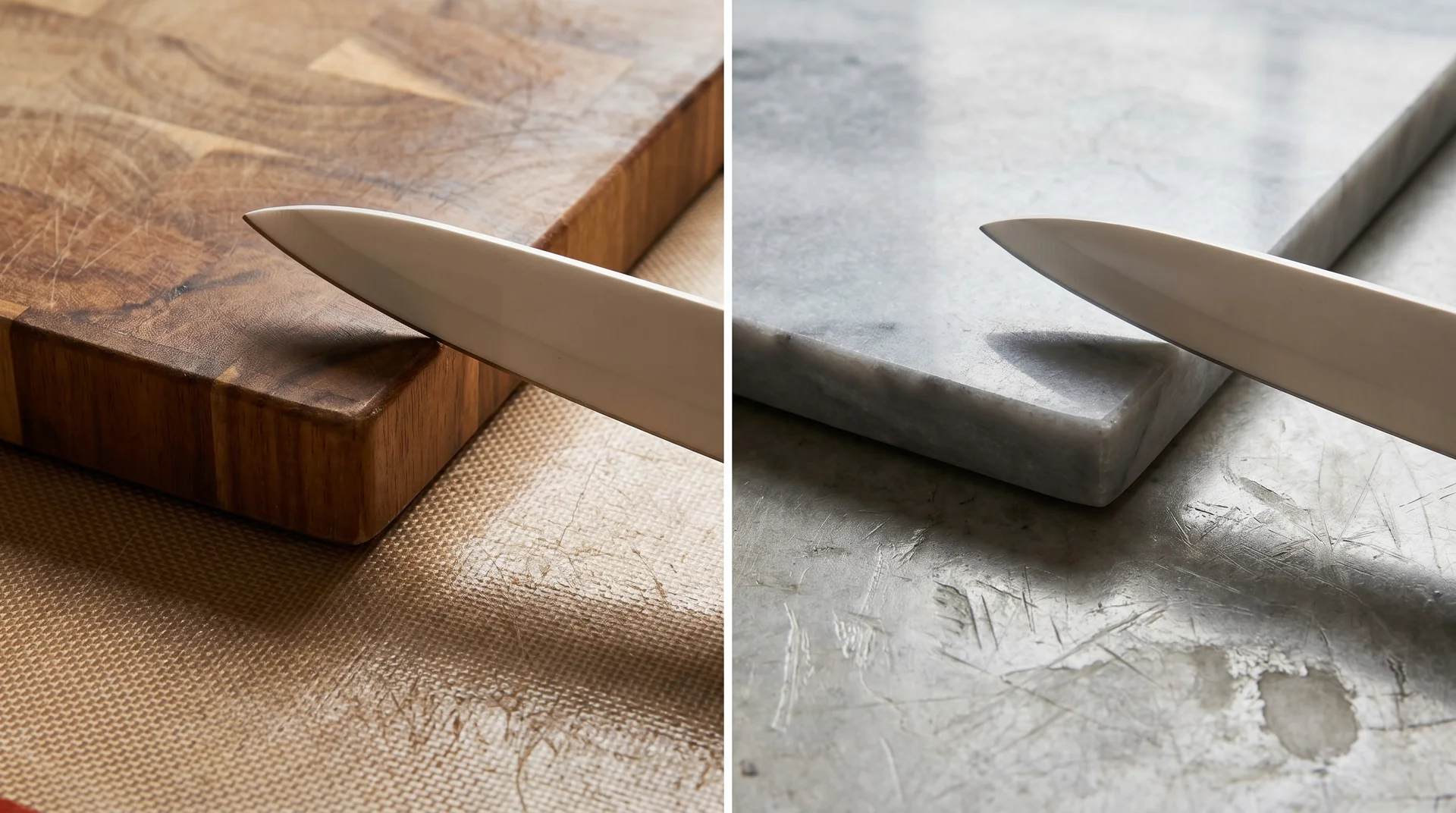 Wood cutting board beside a glass board — wood protects ceramic knife edges, glass chips them