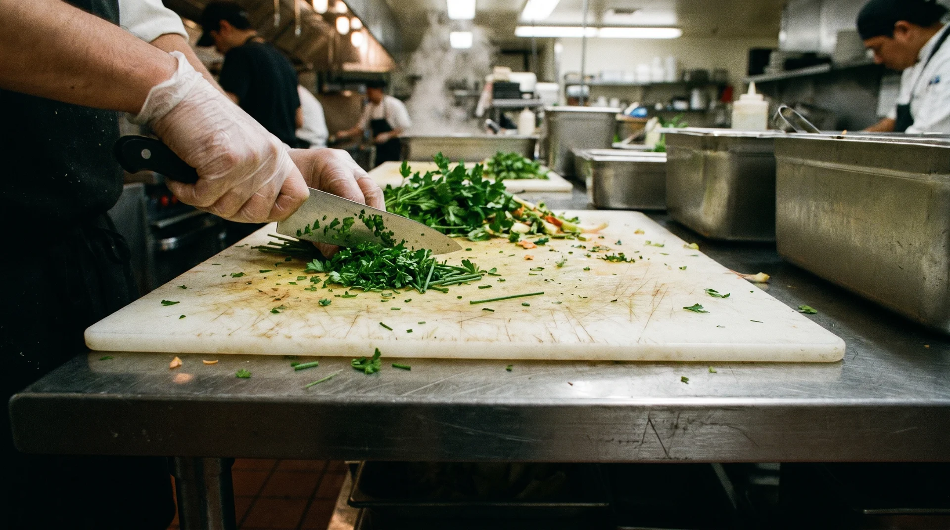 Worn HDPE cutting board in professional kitchen mid-prep, showing standard commercial cutting surface
