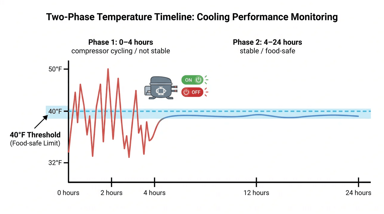 Flat illustration of a two-phase mini fridge cooling timeline, showing fluctuating temperature.
