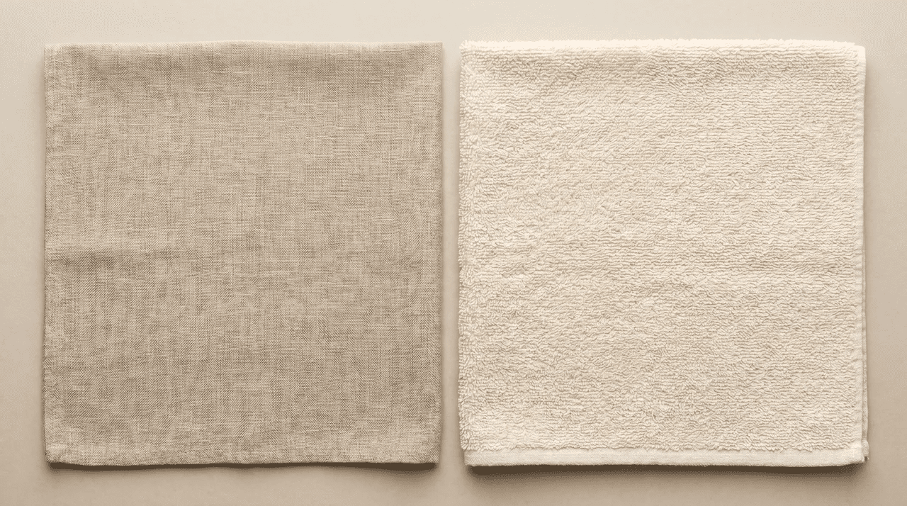 Flat-woven linen tea towel and terry cloth dish towel laid side by side, weave textures visible 