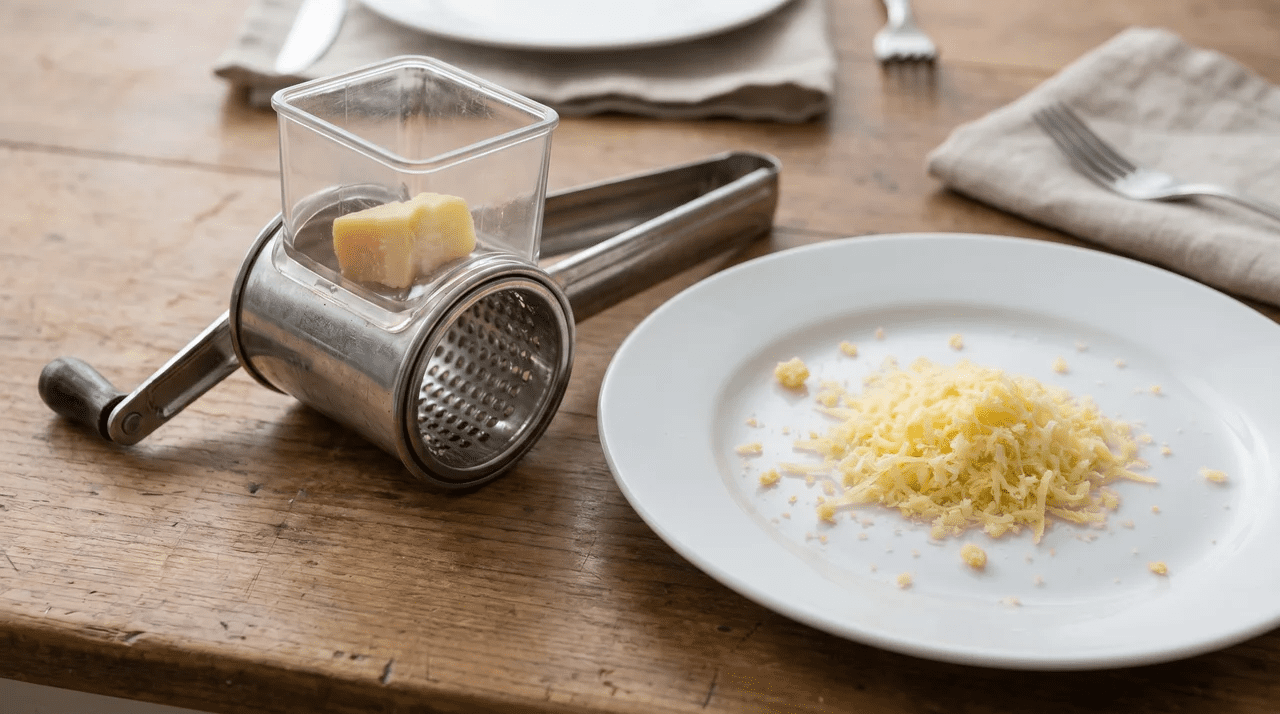 Cylindrical rotary grater with crank handle resting on a wooden table next to a white plate of grated hard cheese