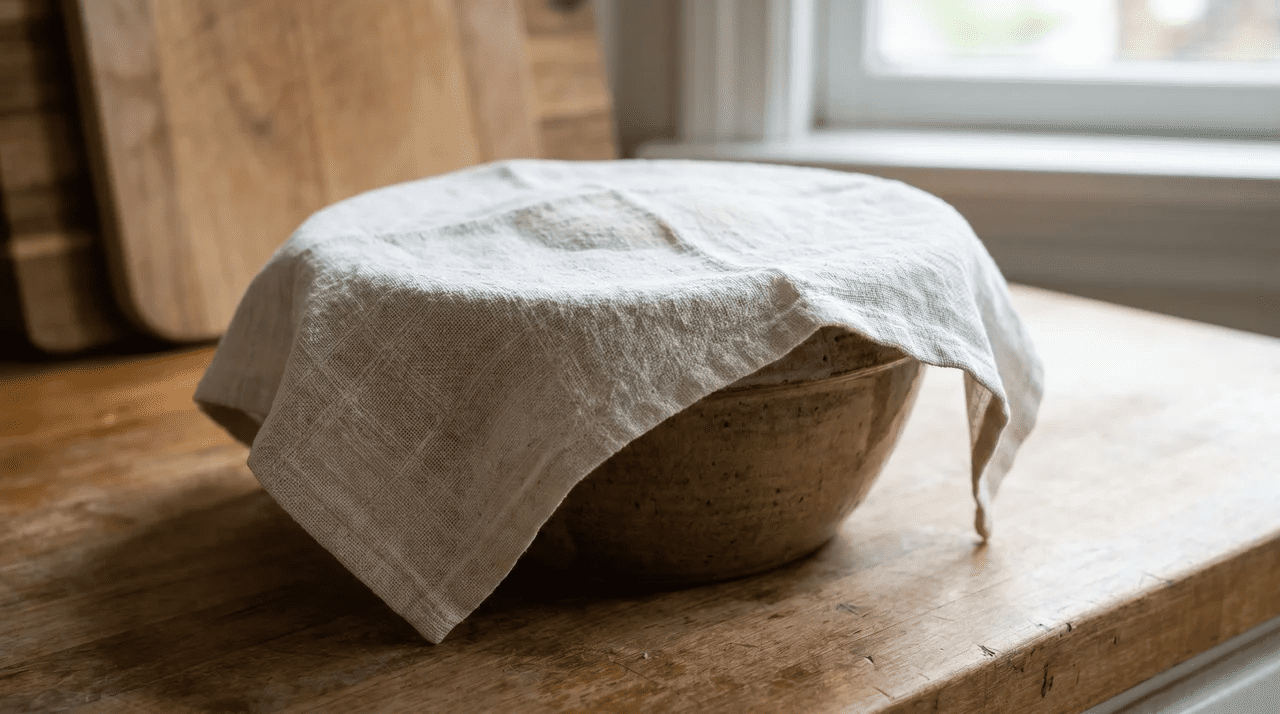Linen tea towel draped over a ceramic bowl on a kitchen counter