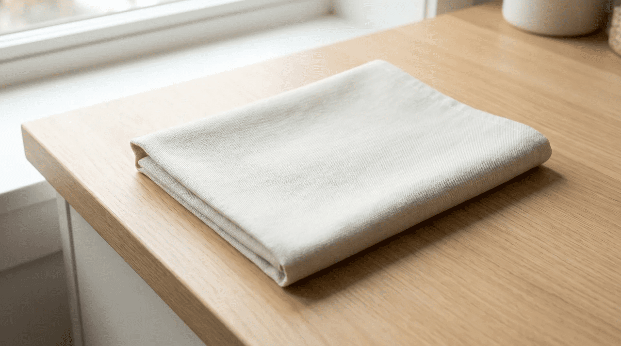 Folded flat-woven linen tea towel on a wooden kitchen counter