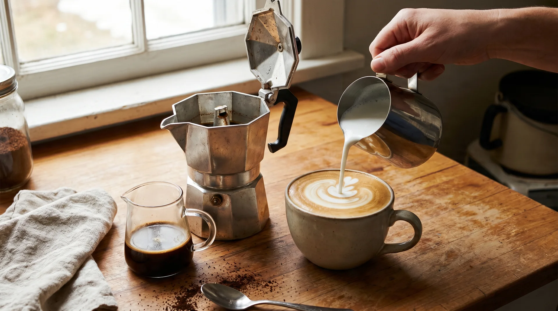 3-cup moka pot output next to a full latte showing the concentrate-plus-milk ratio