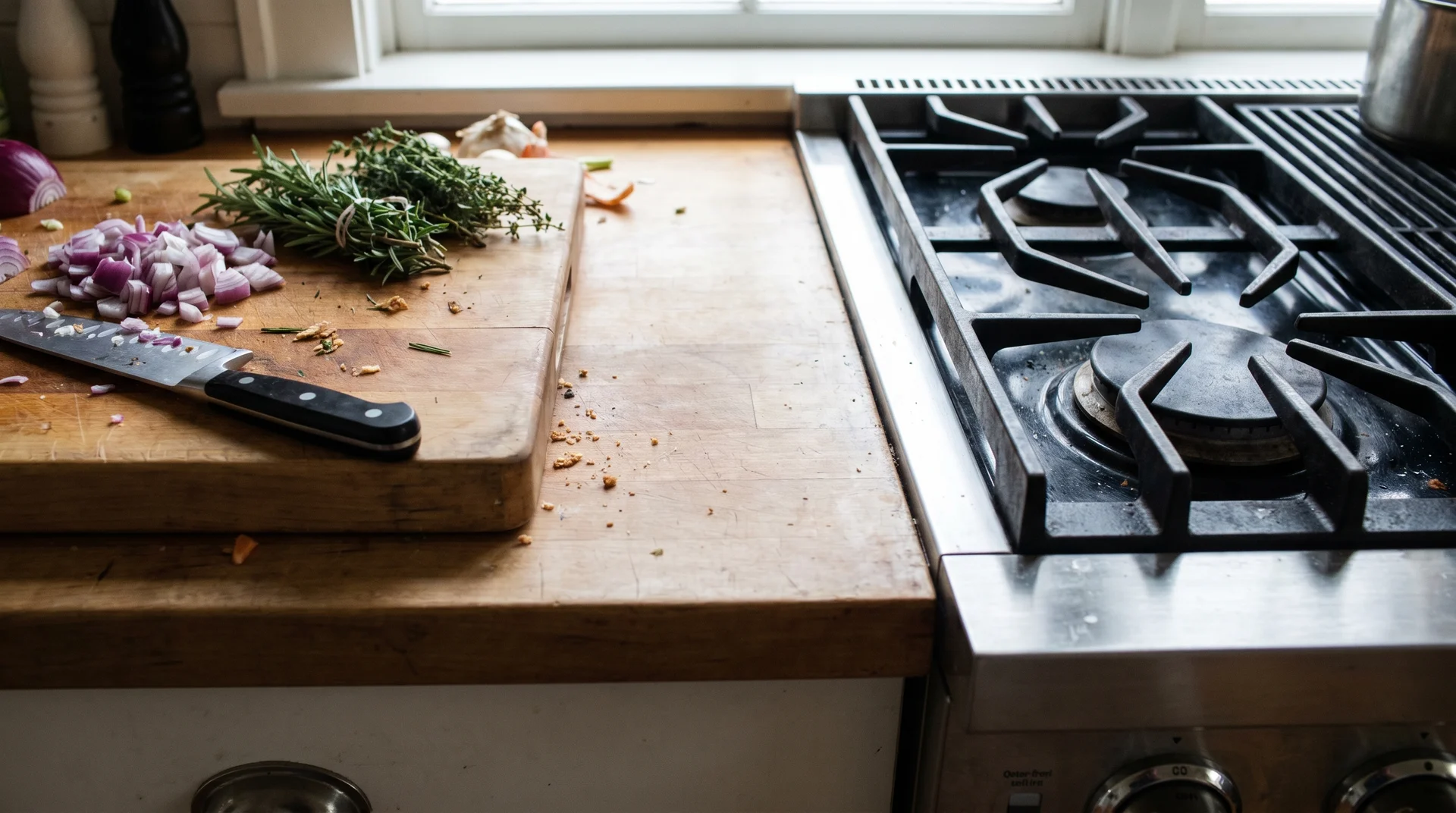 36 inches of clear prep surface directly beside a gas range, with cutting board in active use