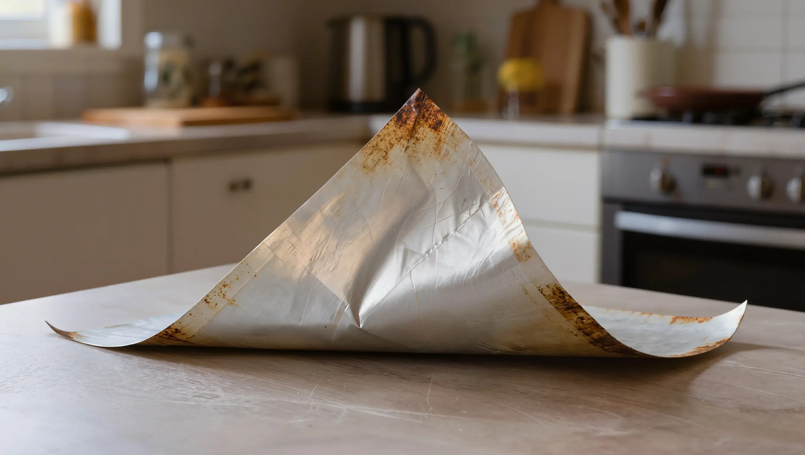 A warped aluminum baking sheet bowing visibly on a kitchen counter after high oven heat