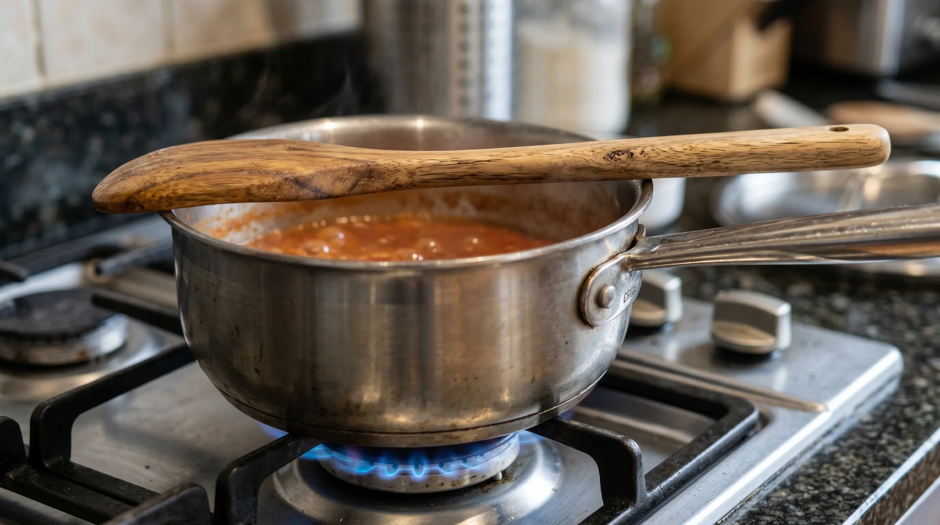 Acacia wood spoon resting on a stainless pan over a gas burner during cooking