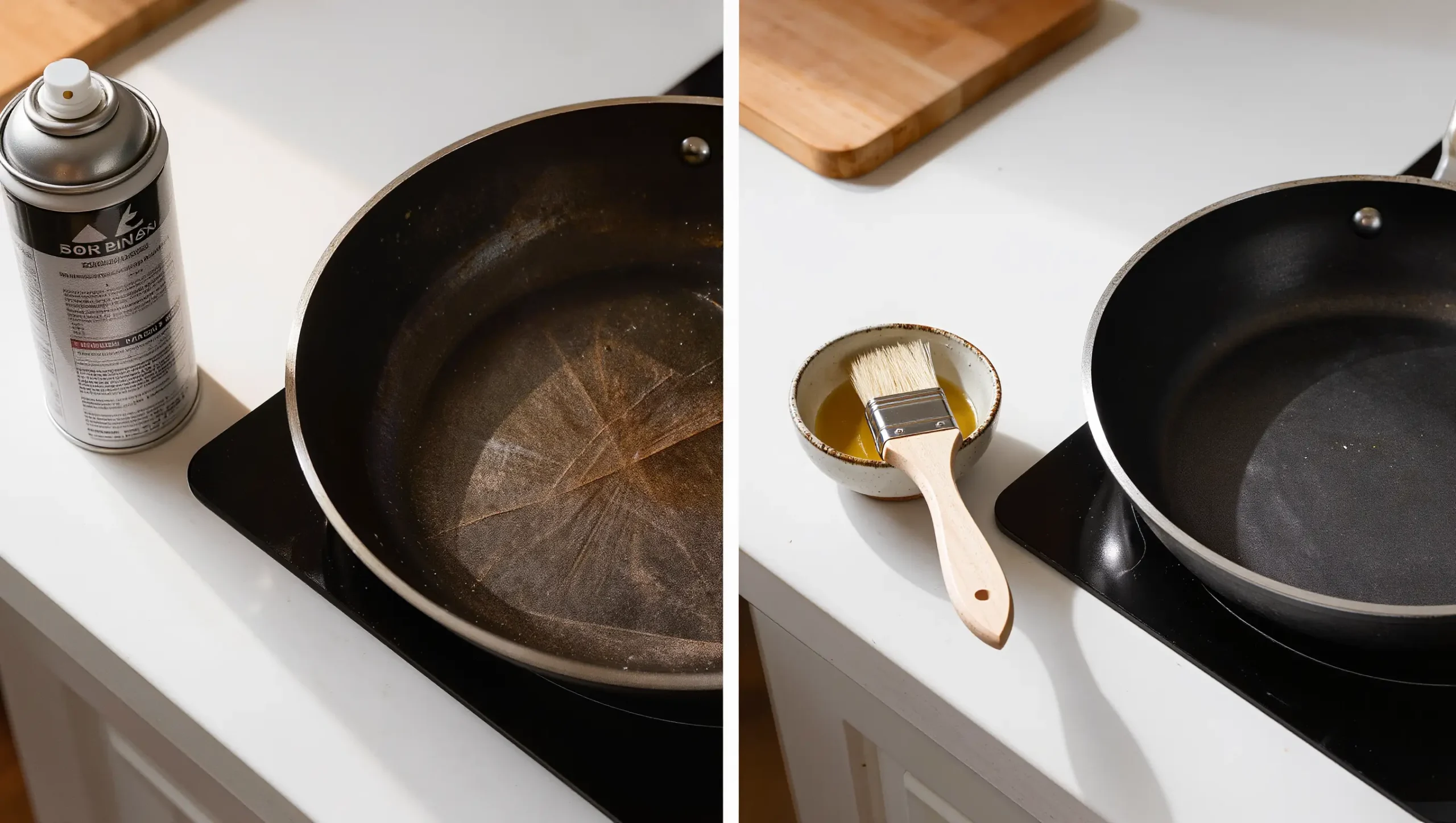 Aerosol cooking spray beside a nonstick pan with hazy surface buildup versus a pastry brush and oil beside a clean pan