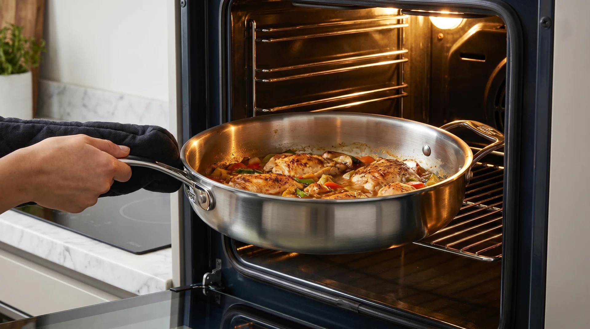 All-metal stainless steel pan used safely in the oven