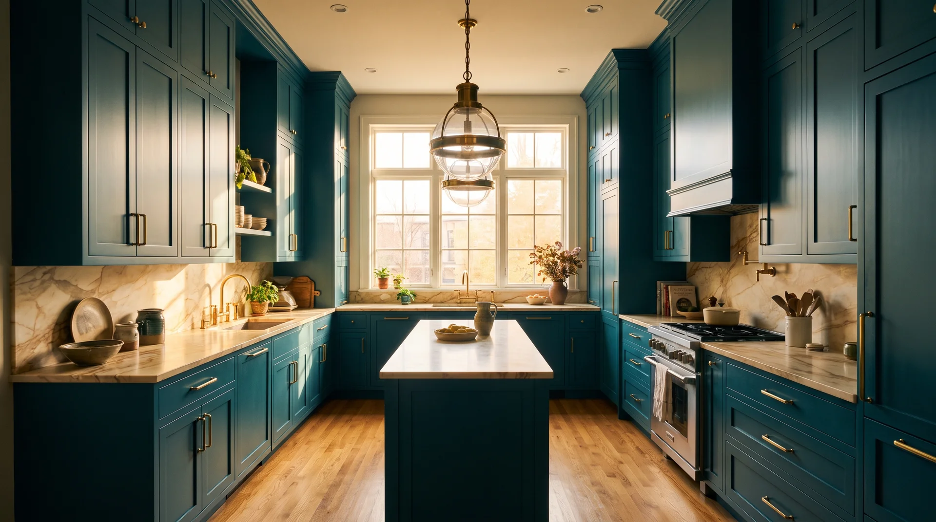 All-over deep moody teal kitchen cabinets in a high-ceiling room with south-facing light and warm marble countertops