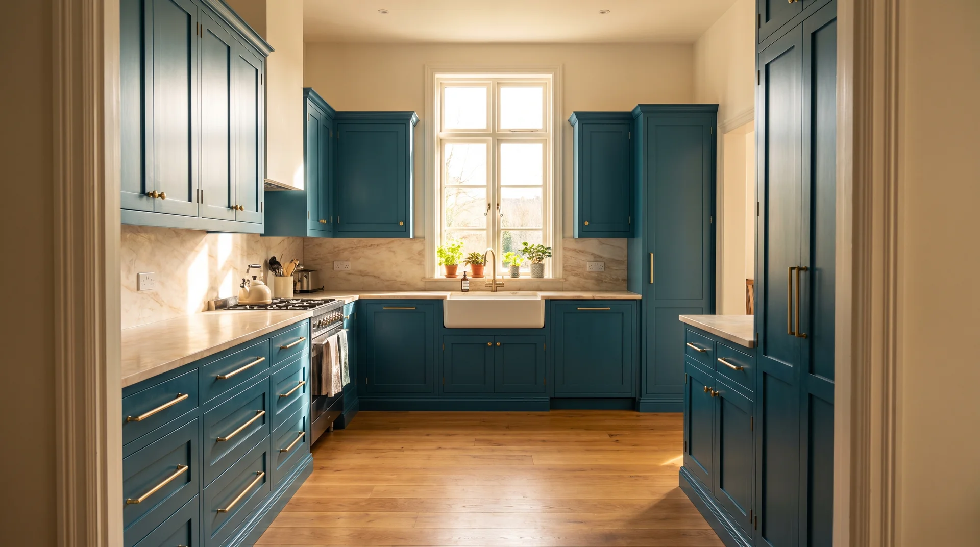 All-over deep teal upper and lower Shaker cabinets in a well-lit high-ceiling kitchen with marble countertops