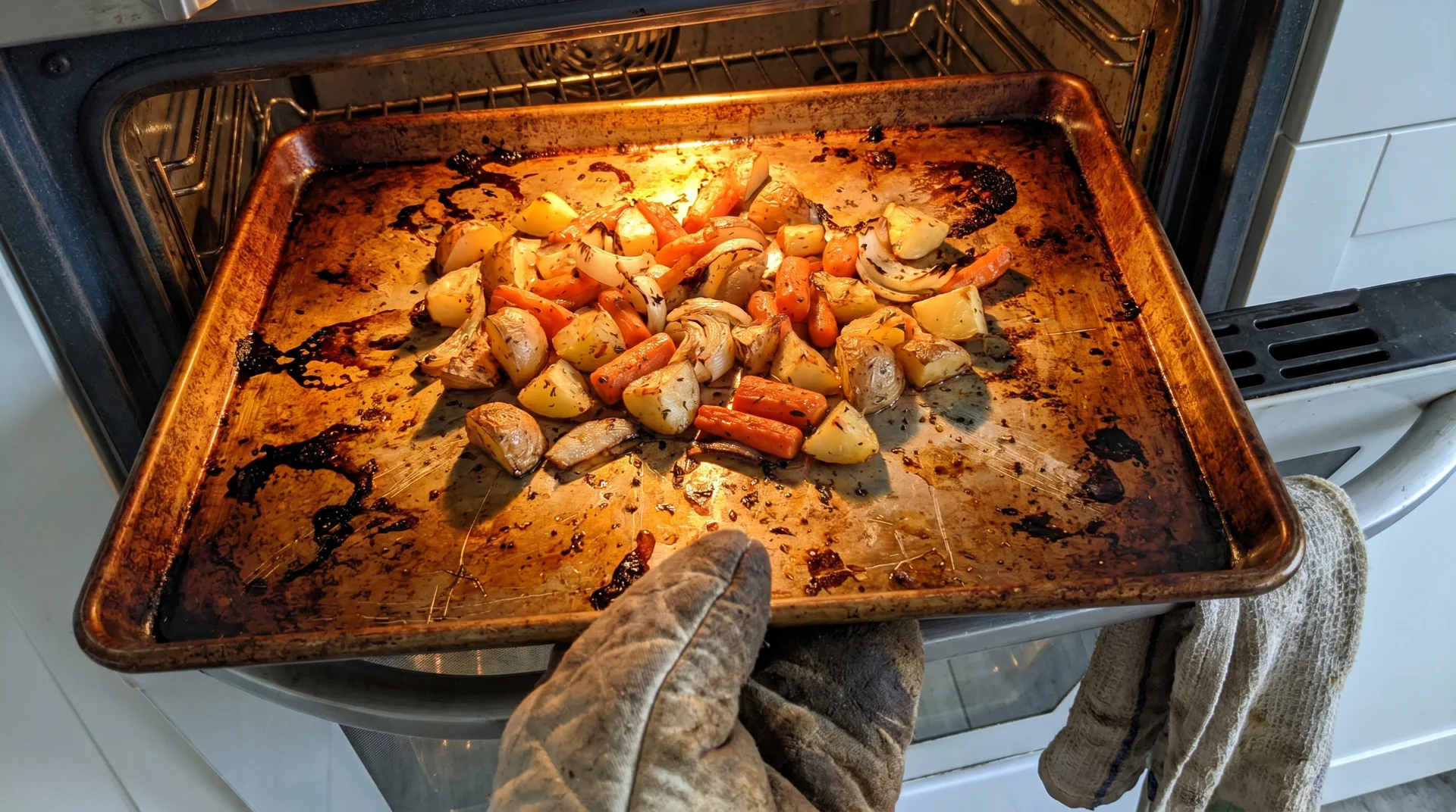 Aluminum baking sheet roasting vegetables in a home oven