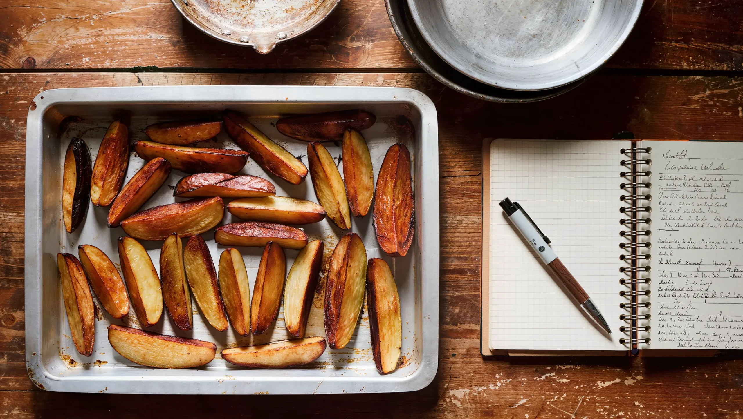 Aluminum baking sheet with roasted vegetables beside a handwritten kitchen test journal