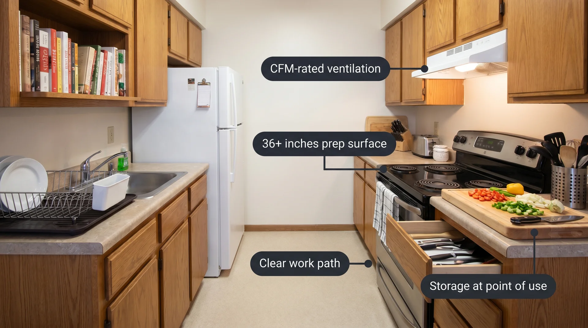 Annotated kitchen photograph showing the four non-negotiable features of a functional chef's kitchen