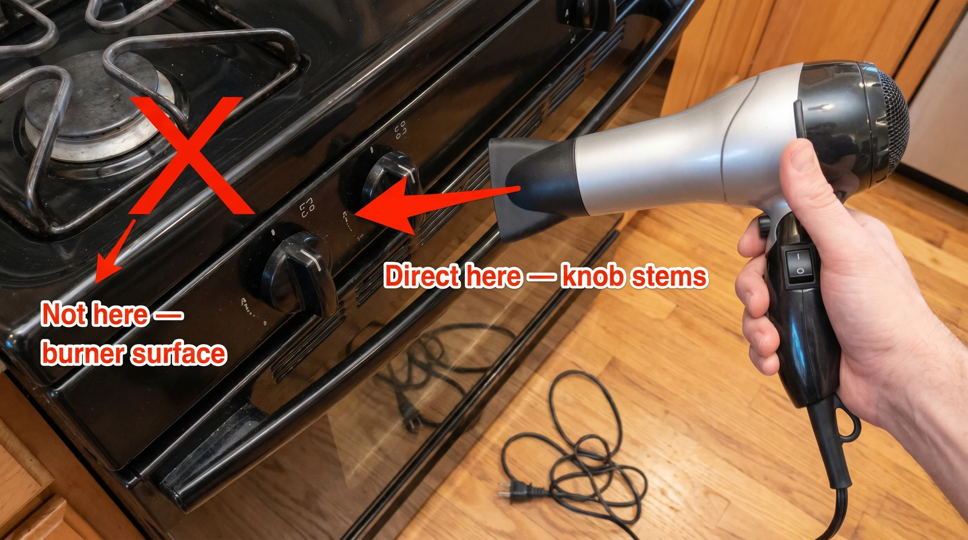 Annotated photo showing hair dryer aimed at gas stove knob stems to dry igniter switch, not at burner surface
