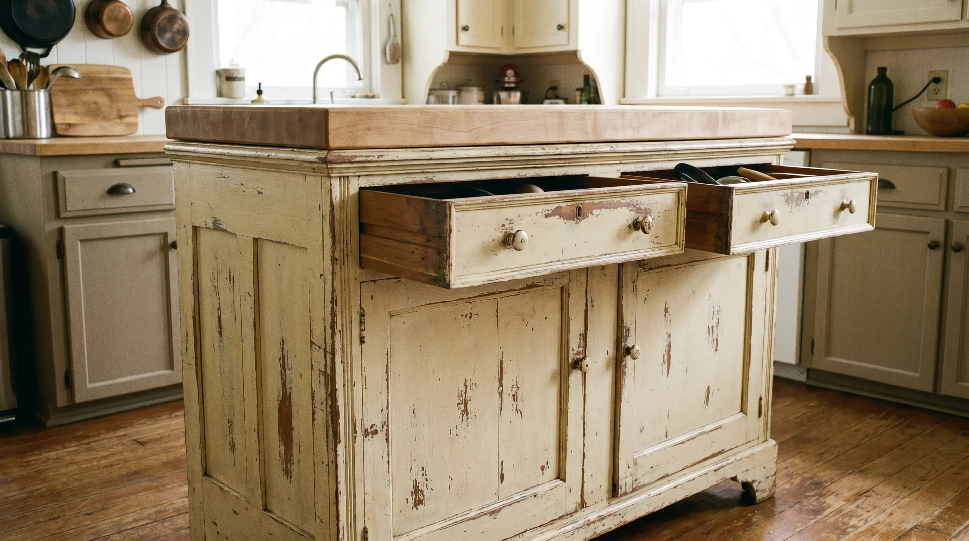 Antique cream-painted sideboard used as kitchen island with wooden drawer slides visible and perimeter cabinets at counter height behind