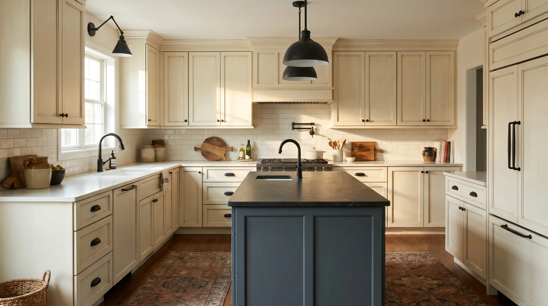 Antique white kitchen with a Cheating Heart blue-gray island, black slate countertop, matte black hardware, morning light