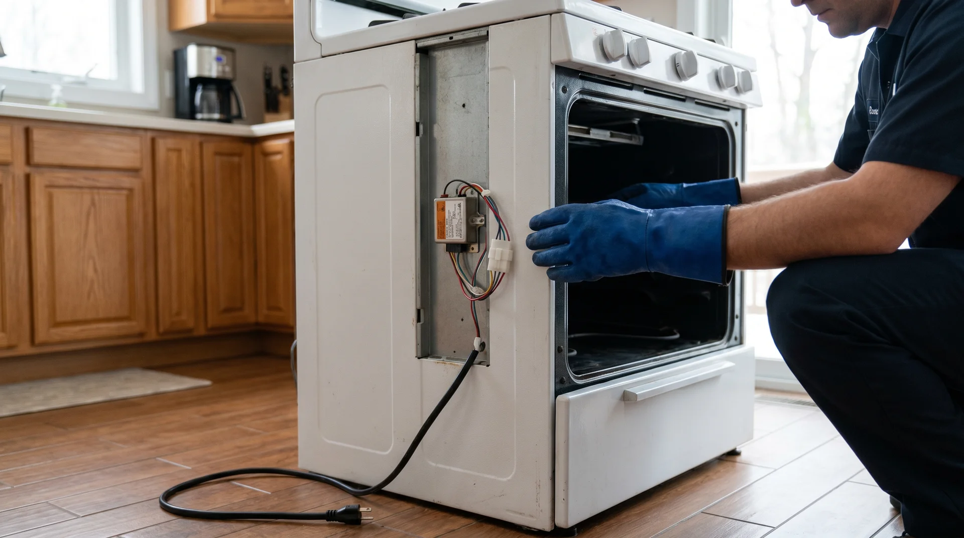 Appliance technician accessing gas stove spark module with wire harness connector visible, rear panel removed.