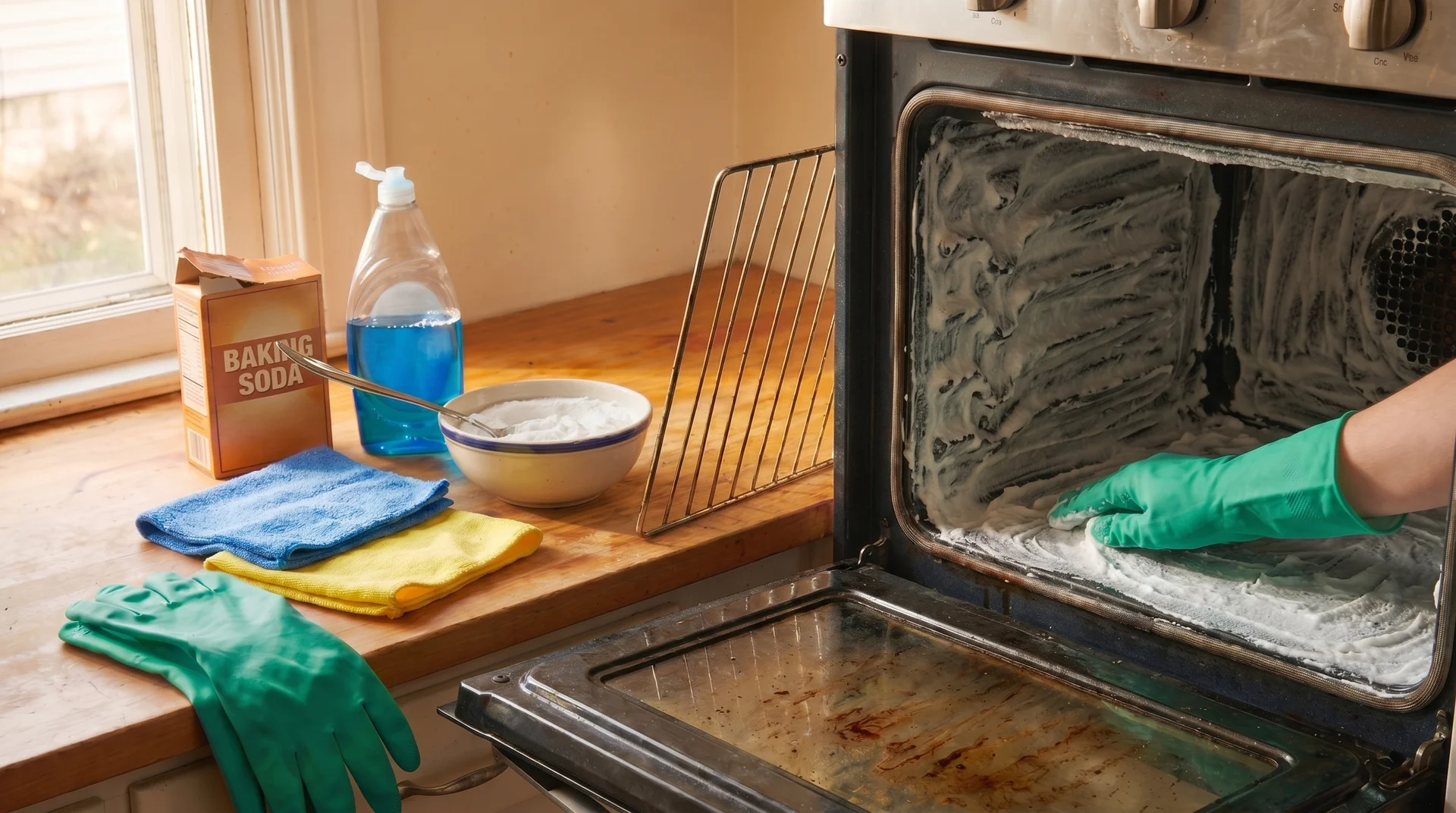 Applying baking soda paste to oven walls and ceiling