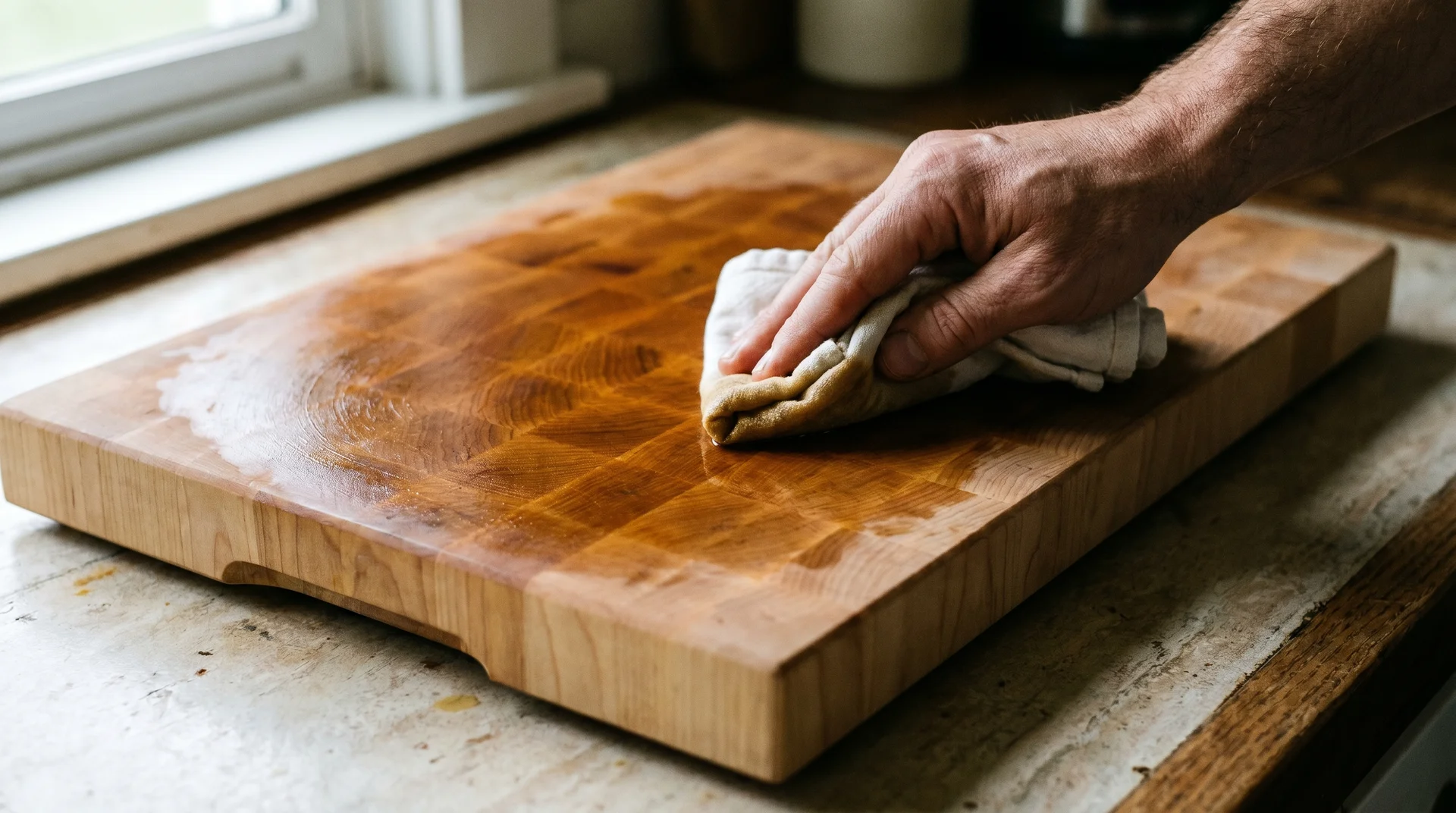 Applying food-grade mineral oil to an end-grain cutting board, showing oil absorption into the wood