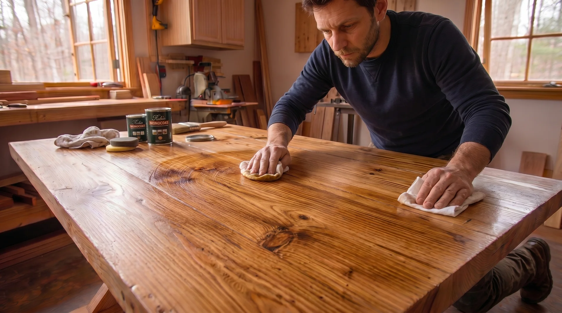 Applying hardwax oil finish to a farmhouse tabletop