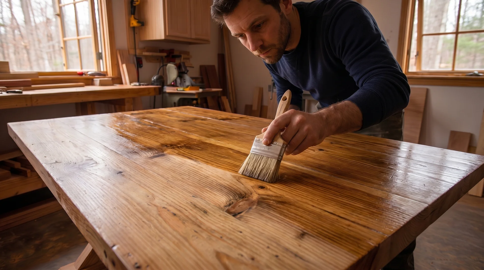 Applying oil-based polyurethane to a farmhouse tabletop