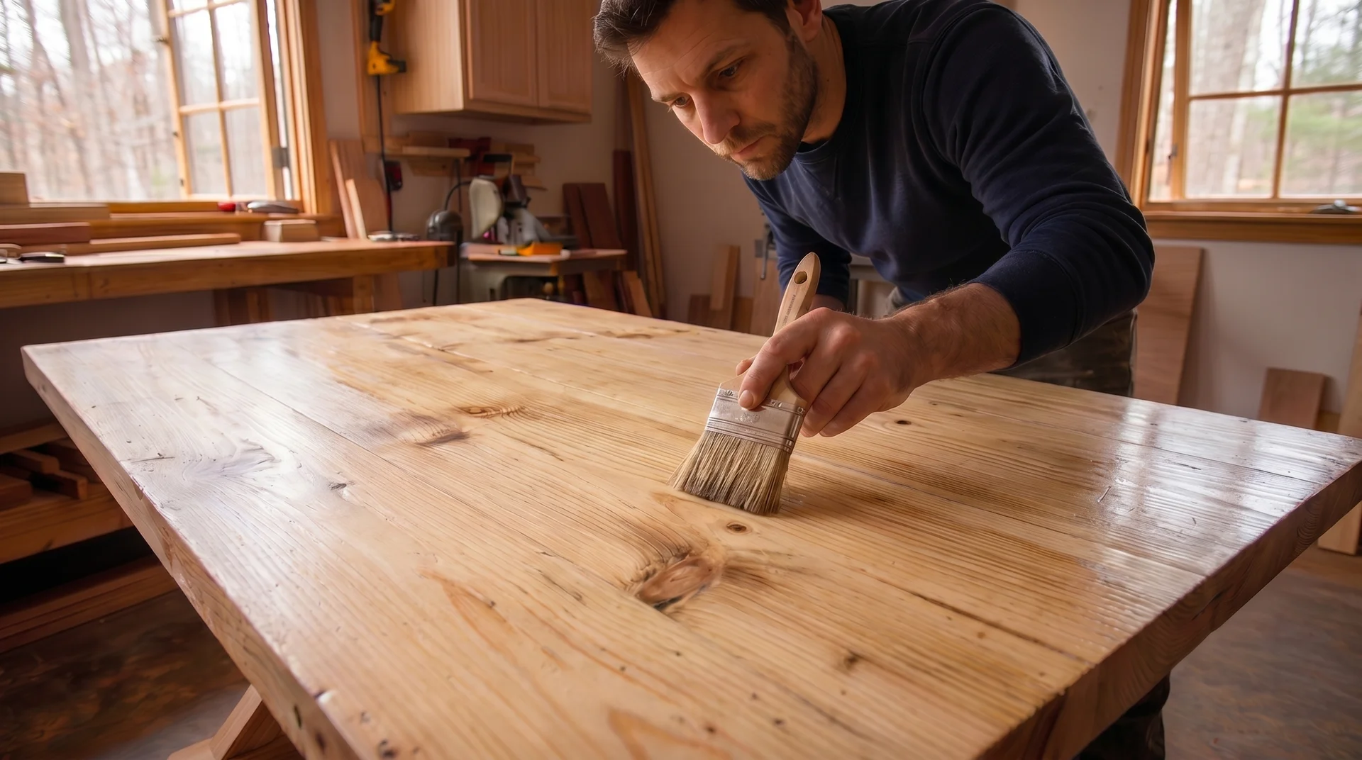 Applying water-based polyurethane to a wood dining table