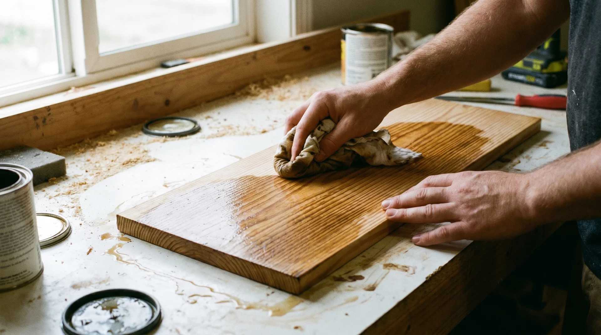 Applying wood conditioner to a pine board before staining to prevent blotchy finish