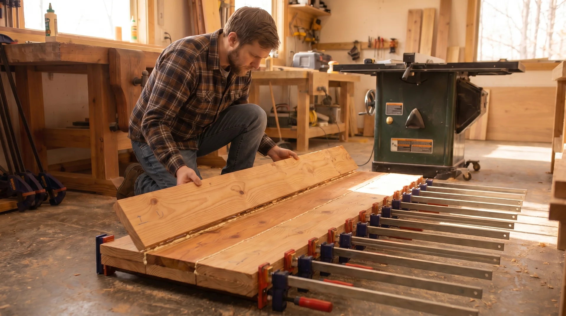 Applying wood glue before clamping tabletop boards