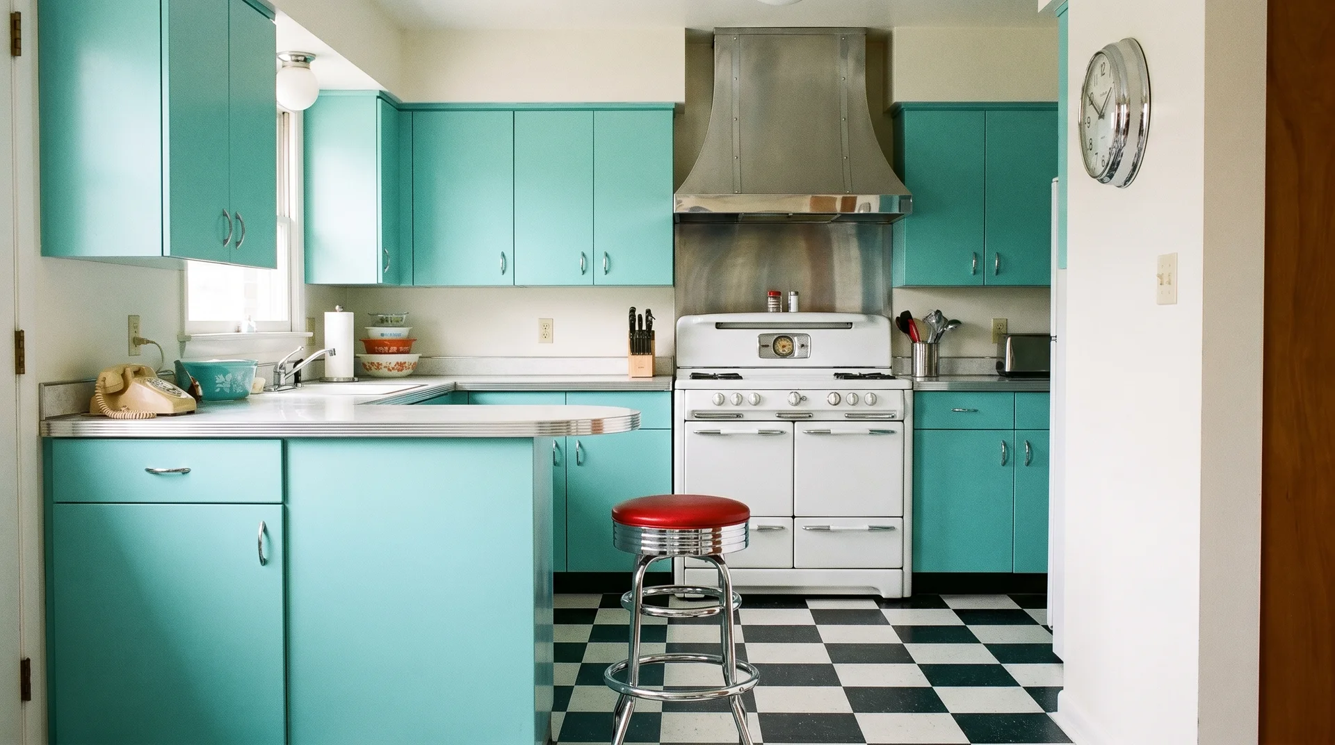 Aqua cabinets with chrome hardware, checkerboard floor, and chrome accents in a 1950s retro kitchen