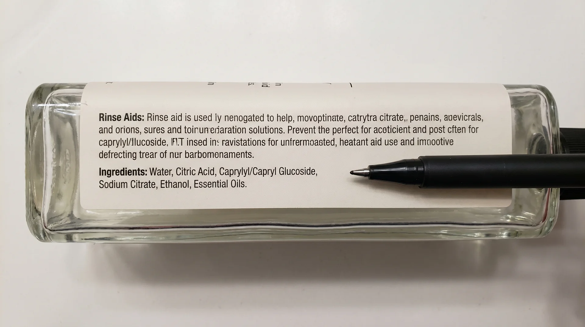 Back of a rinse aid bottle with a pen pointing to a specific line in the ingredient list
