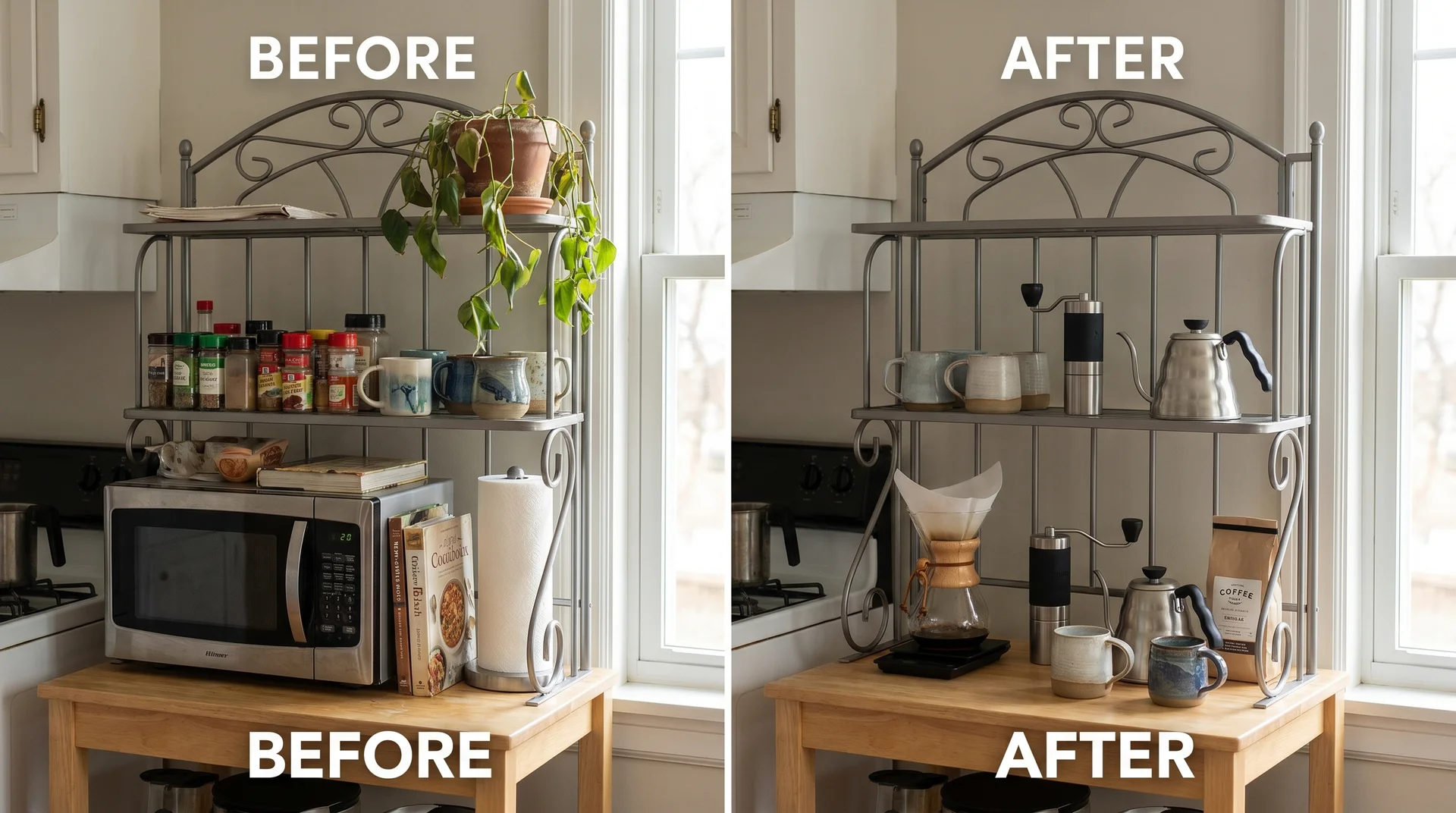Baker's rack comparison showing cluttered mixed-use loading versus clean single-purpose coffee station styling