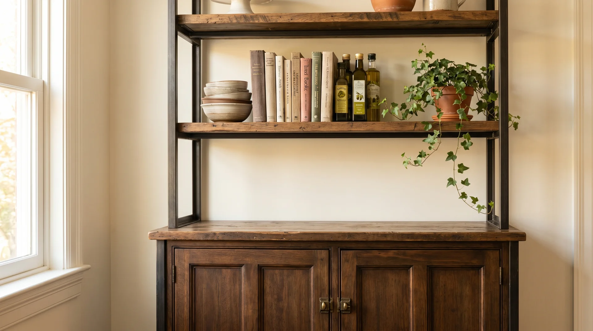 Baker's rack with open shelves and lower cabinet storage.