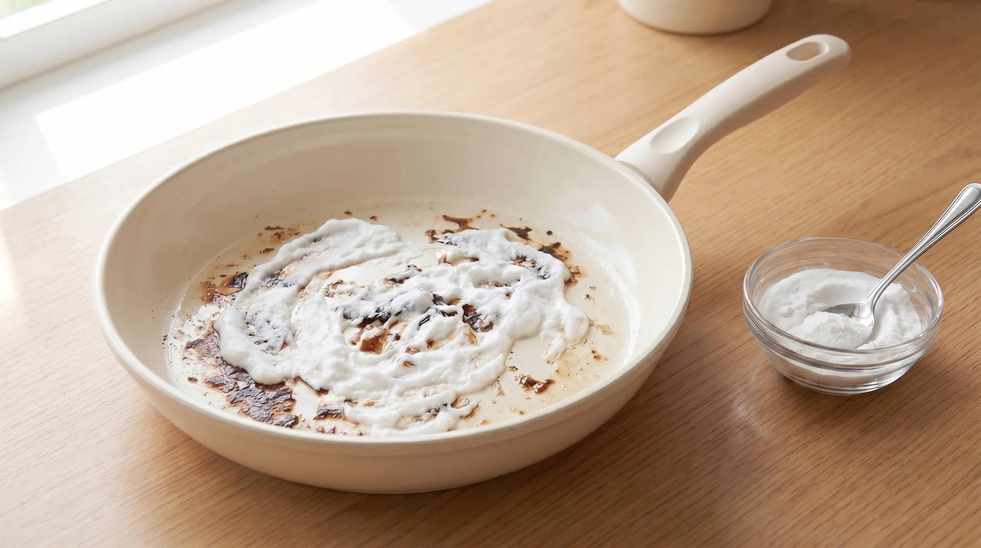 Baking soda paste applied to stains inside a ceramic pan