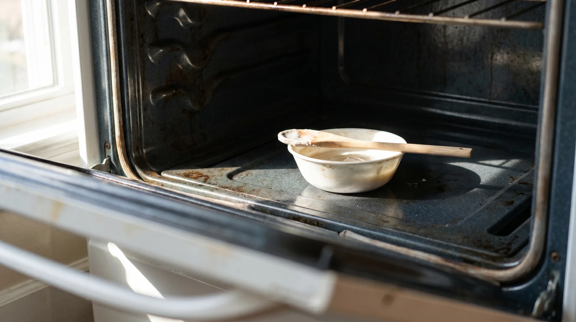 Baking soda paste in a ceramic bowl inside a clean home oven, oven door half-open, natural light