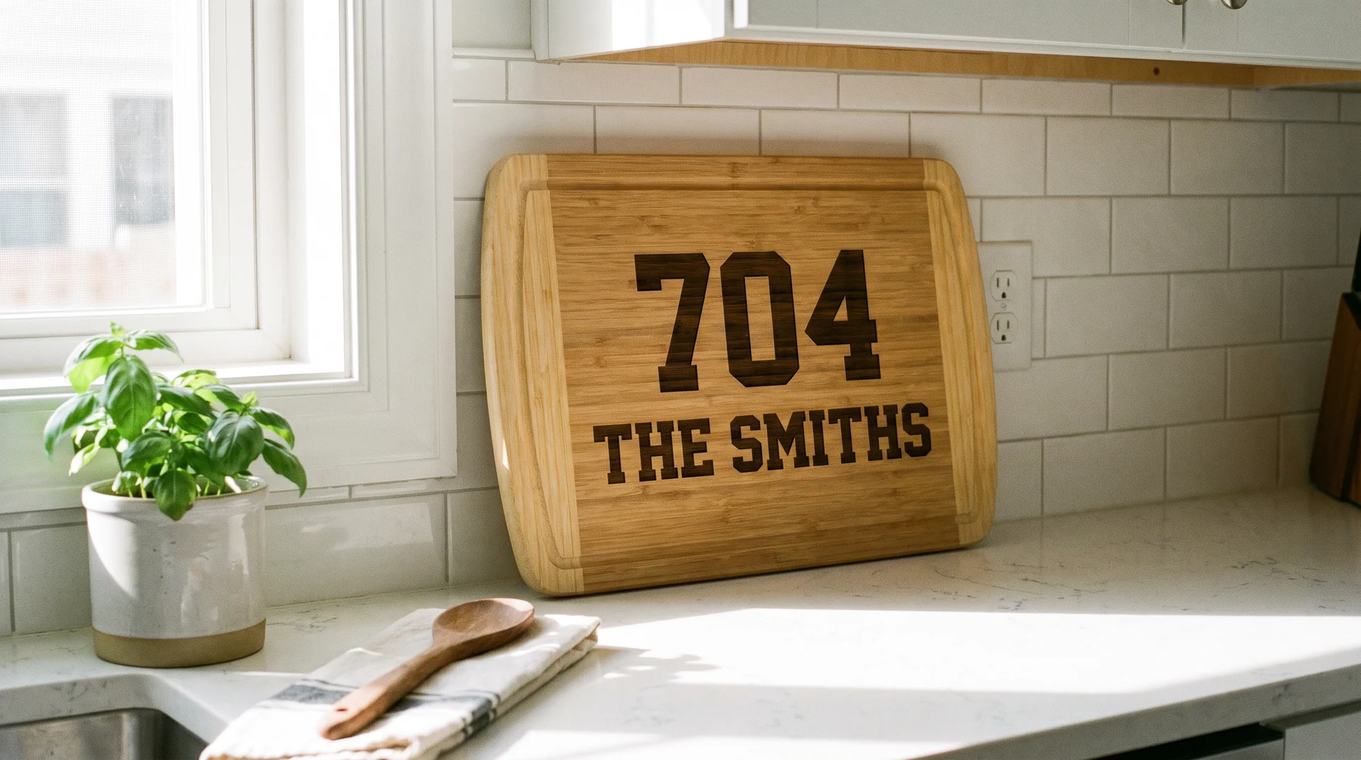 Bamboo board with house number and family name in bold block type, leaning against white subway tile