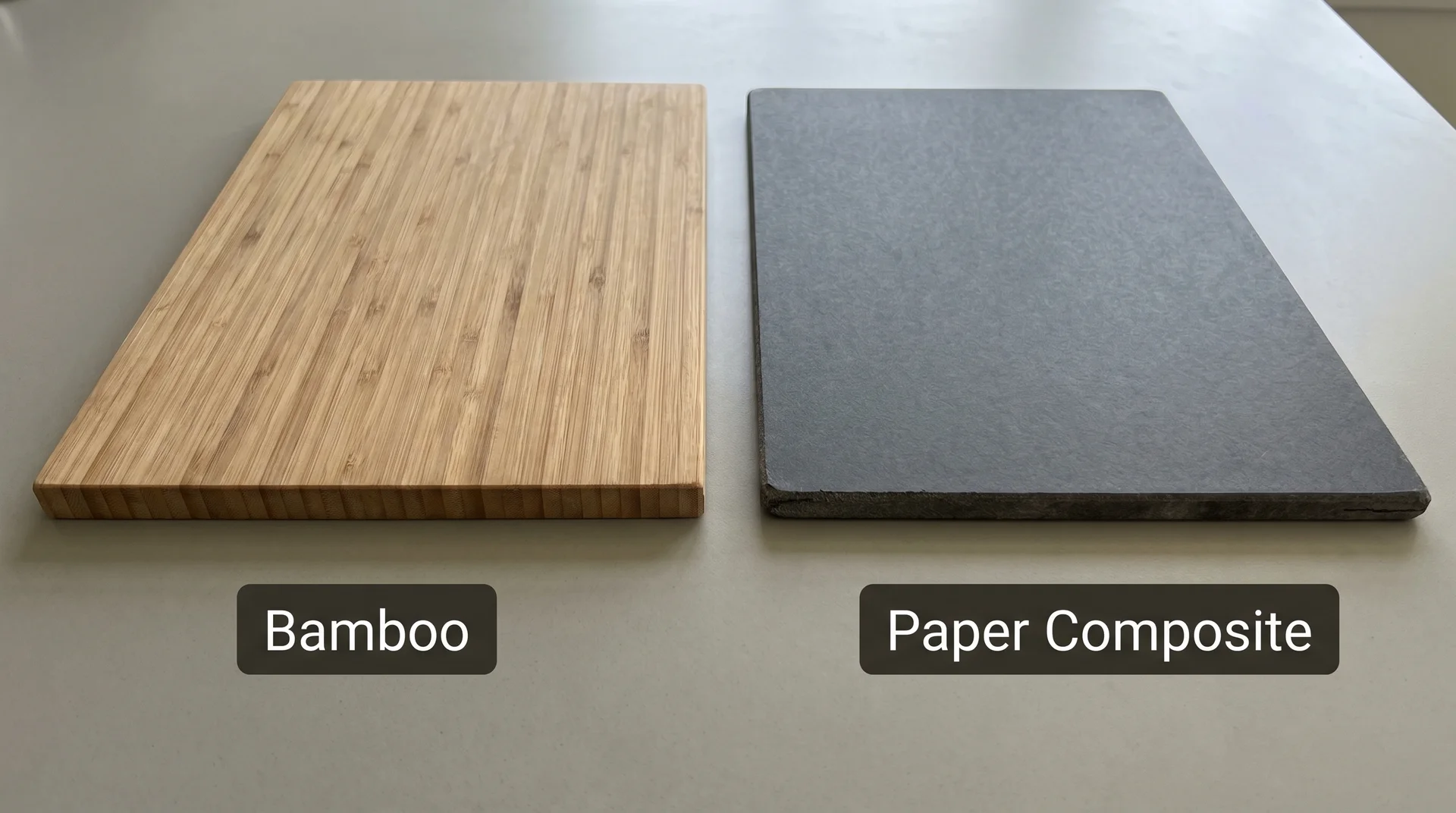 Bamboo cutting board beside a paper composite board showing material and surface differences