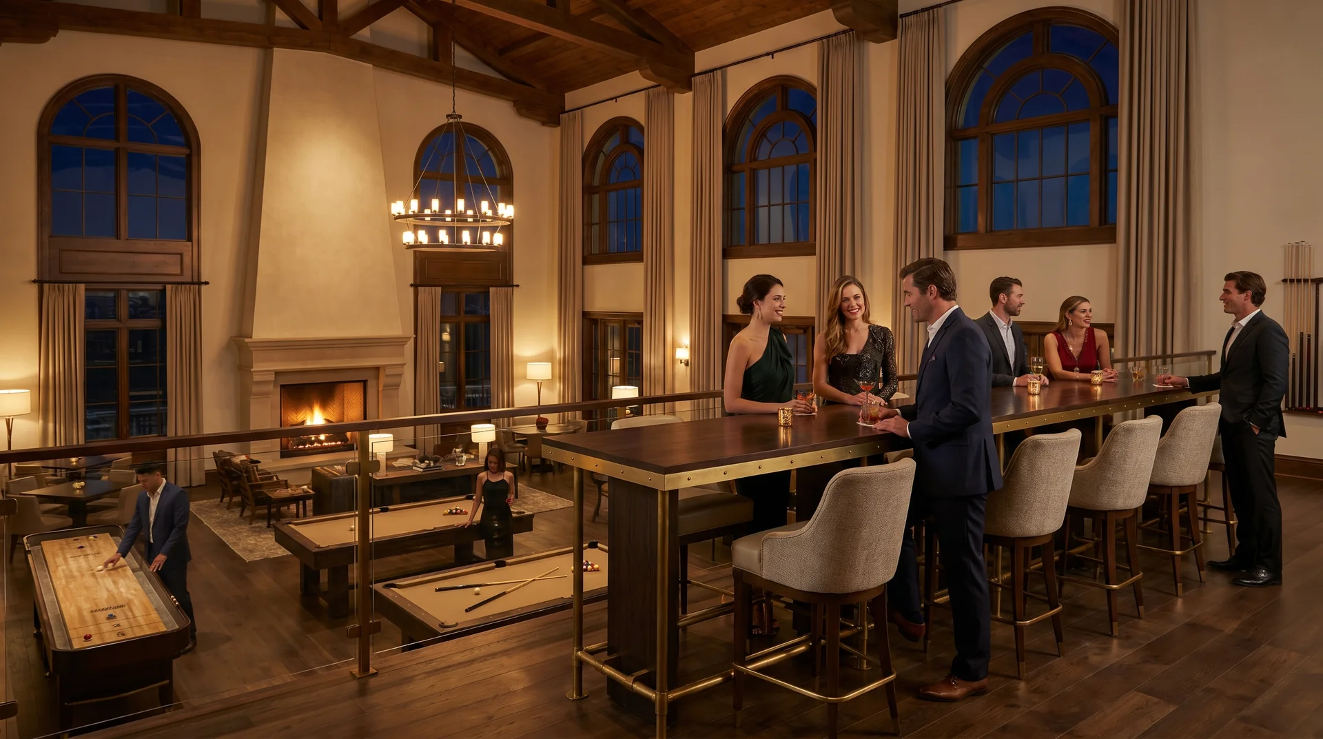 Bar-height table in a home entertainment space