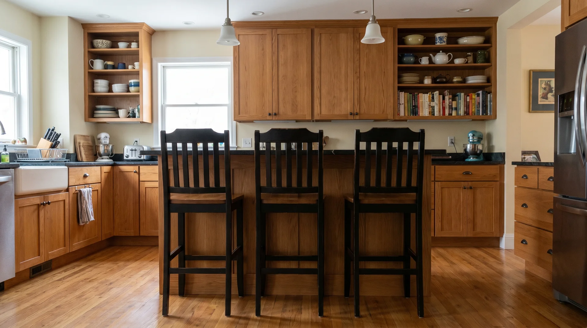 Bar stools visually crowding an 8-foot ceiling kitchen