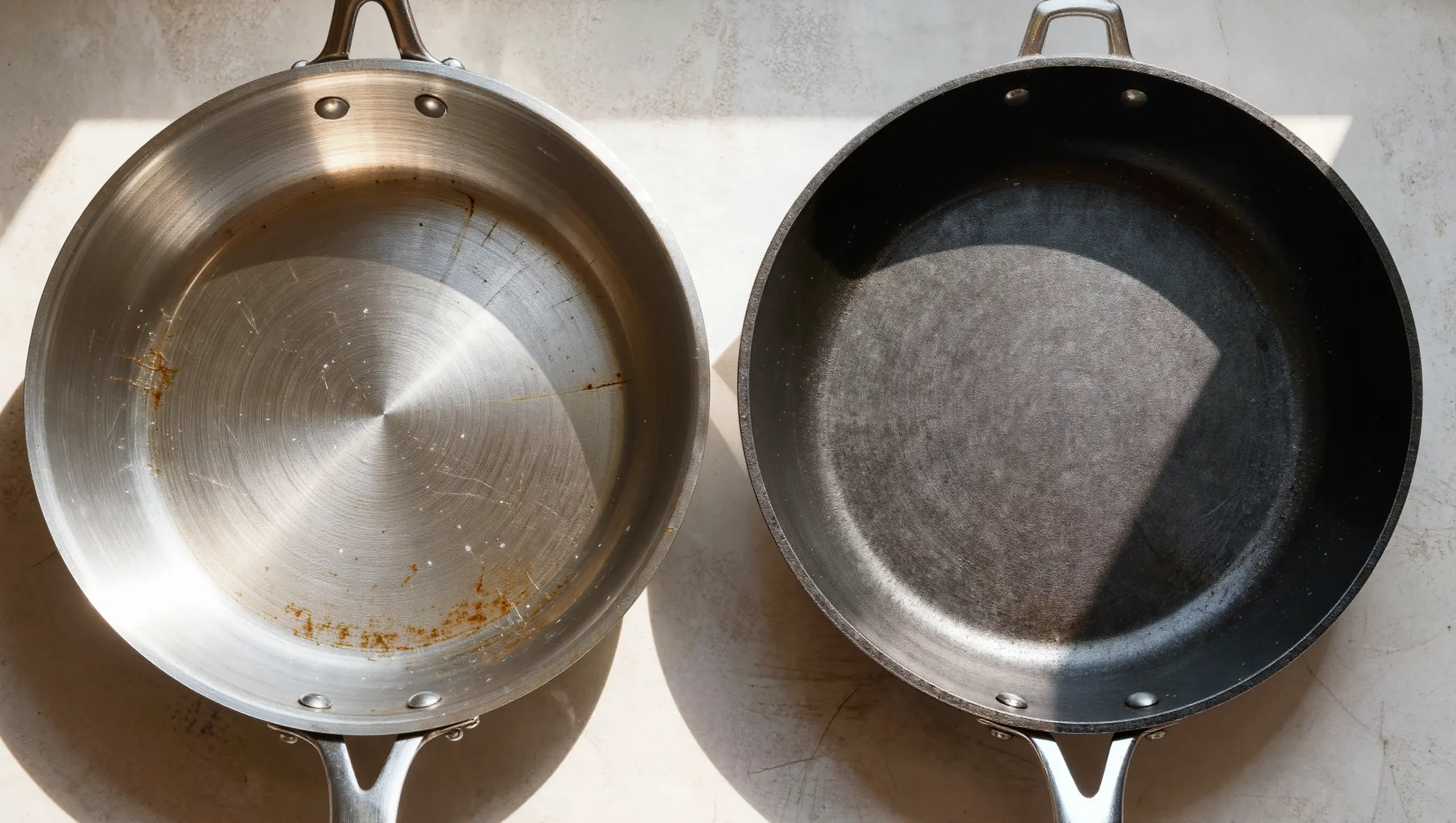 Bare aluminum skillet interior beside hard anodized skillet interior showing surface hardness and scratch resistance difference