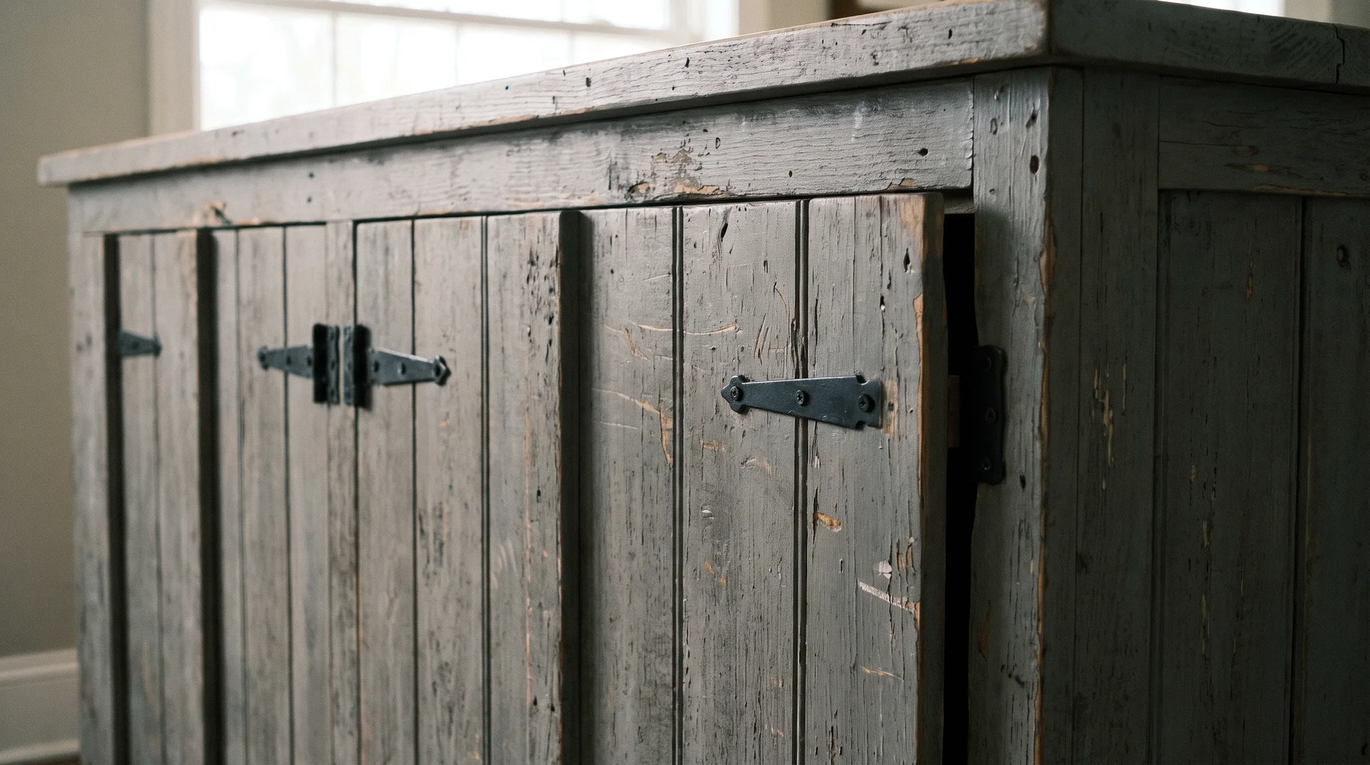 Barn door-style fixed end panel on farmhouse kitchen island end showing board-and-batten construction and non-functional gap at cabinet face