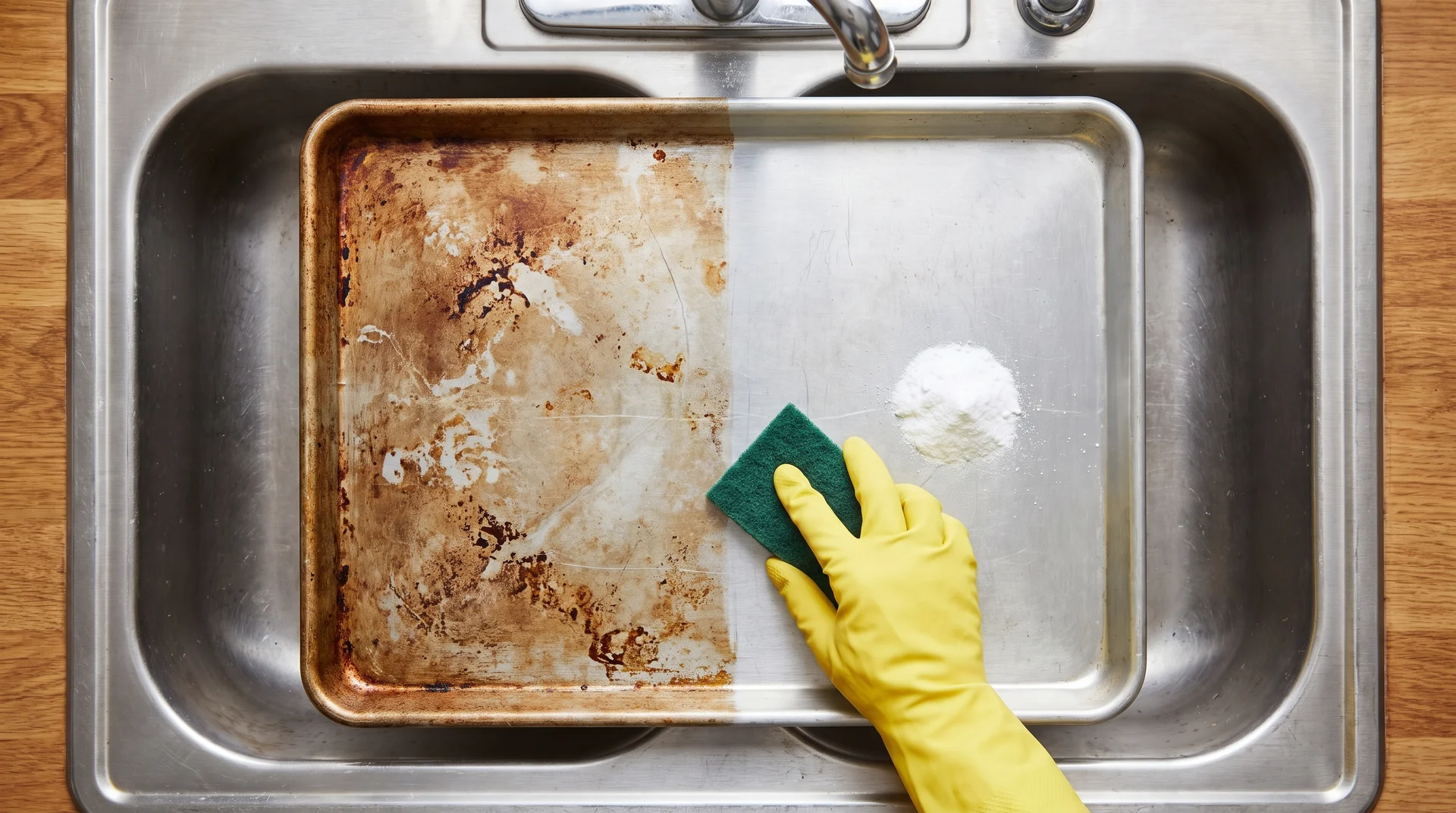 Before and after of a discolored aluminum baking sheet cleaned to remove brown oxidation haze
