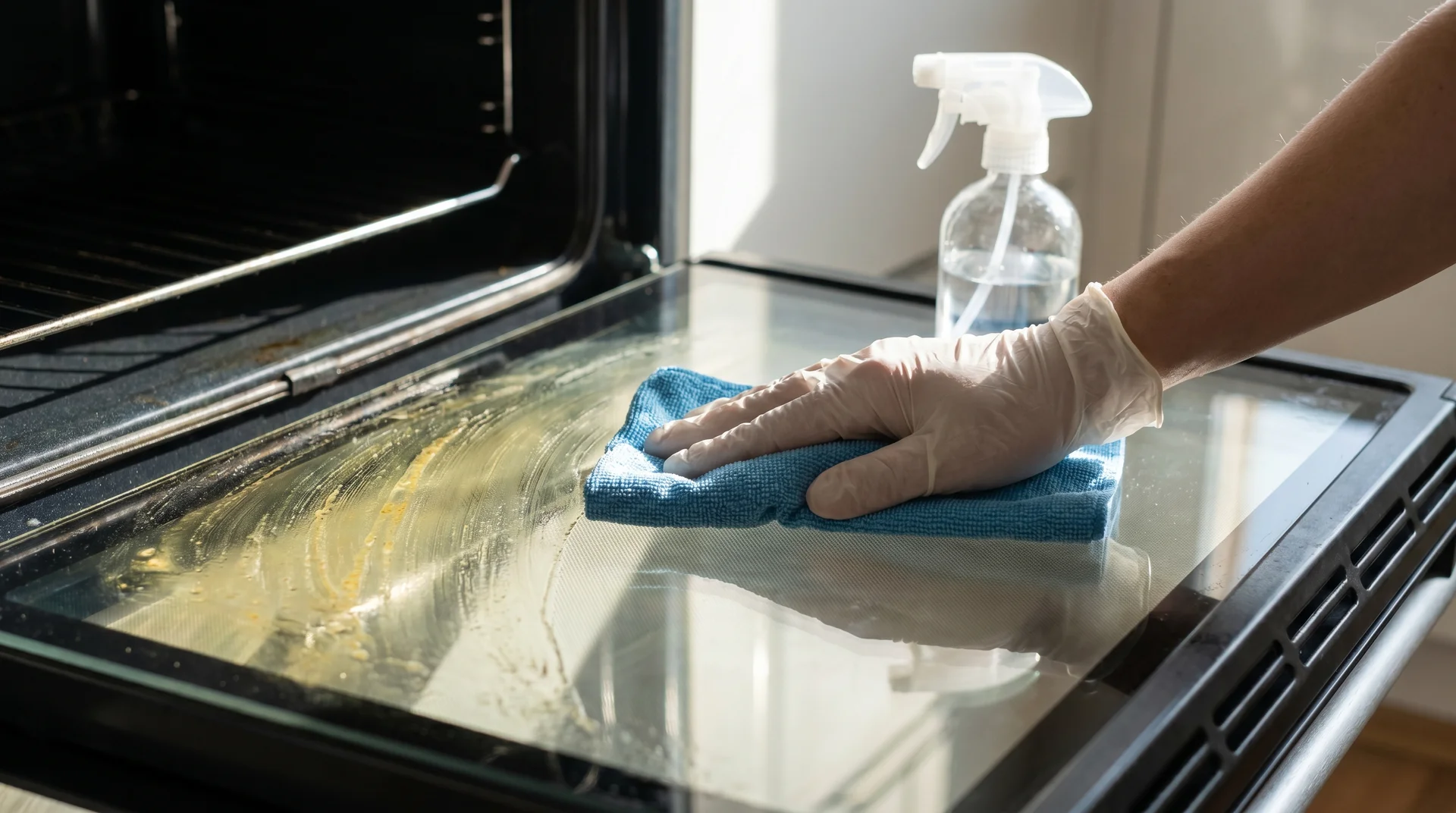 Before-and-after view of oven glass being cleaned with vinegar spray and microfiber cloth