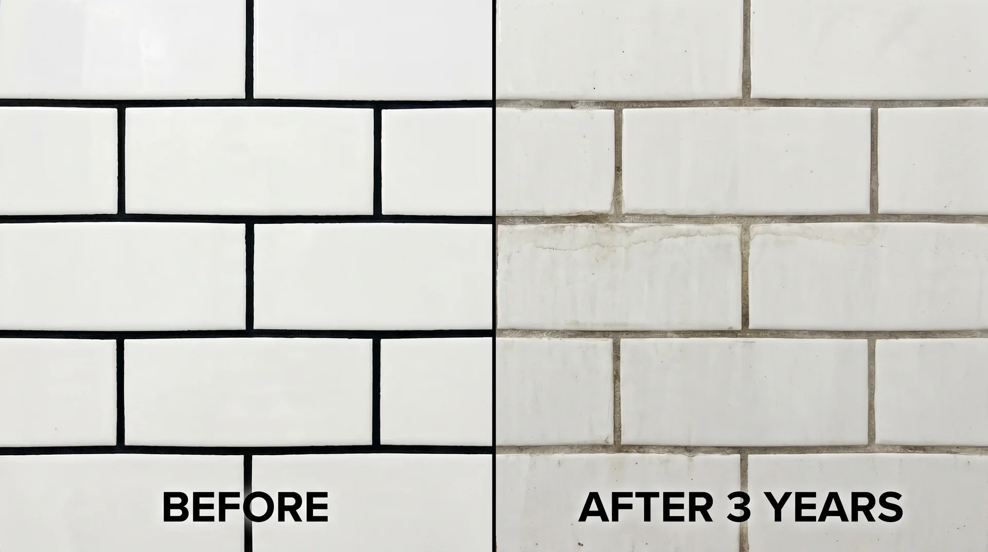 Black grout before and after fading — properly sealed versus poorly maintained kitchen tile comparison
