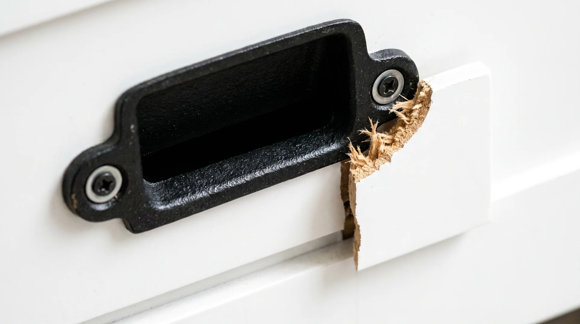 Black iron bin pull on white shaker MDF drawer showing screw attachment points and grip depth at close range
