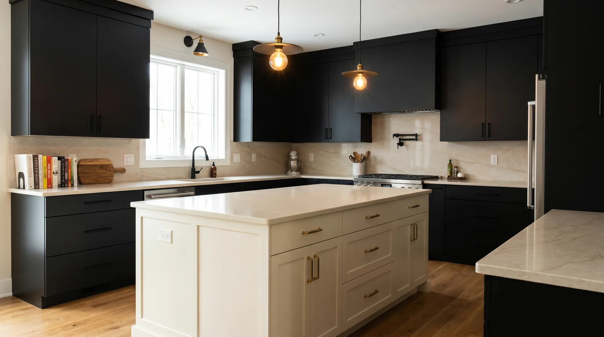  Black kitchen perimeter with a warm ivory island, brass island hardware, matte black perimeter hardware, warm pendant light