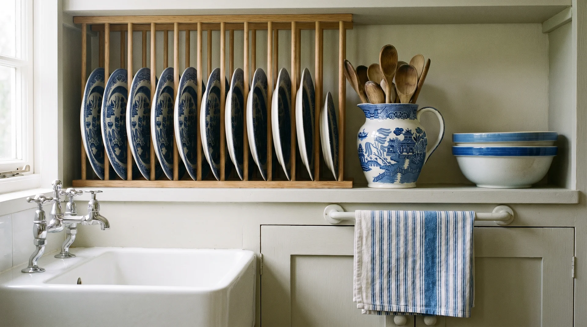 Blue-and-white china display on open shelving above a butler's sink in an English country kitchen